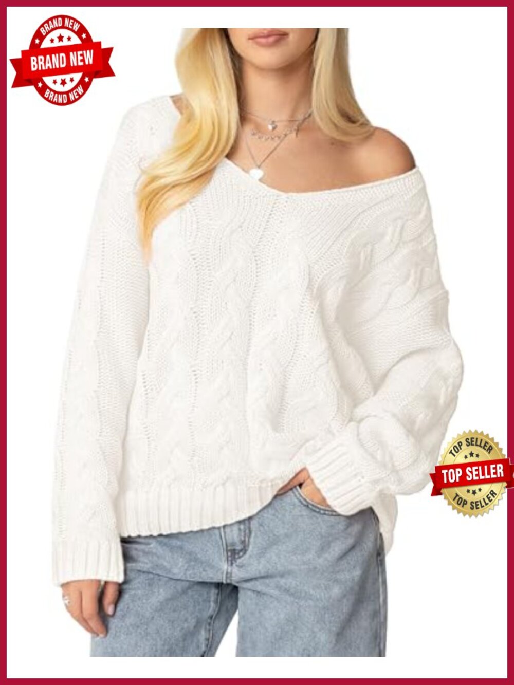 Oversized Cable Knit V-Neck Off Shoulder Sweater Pullover